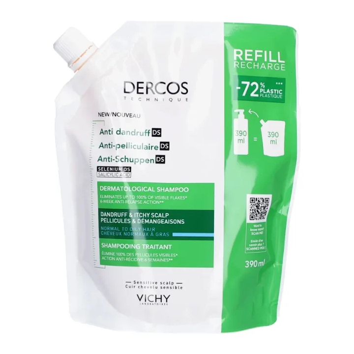 Vichy Dercos Shampooing Anti-Pelliculaire DS Cheveux Normaux à Gras Éco-Recharge - 390ml