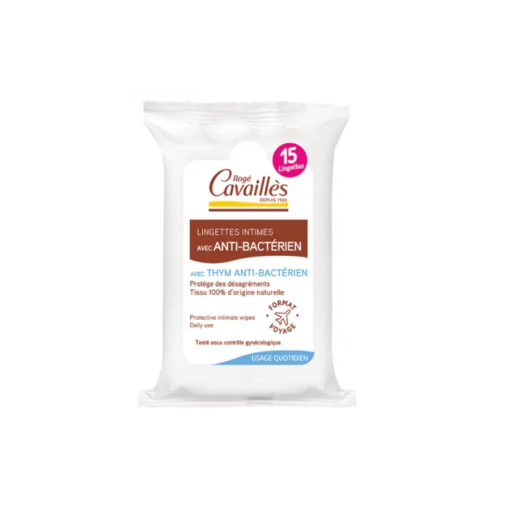 Rogé Cavaillès Lingettes Intimes Protection Active Antibactérien – Pochette de 15 lingettes