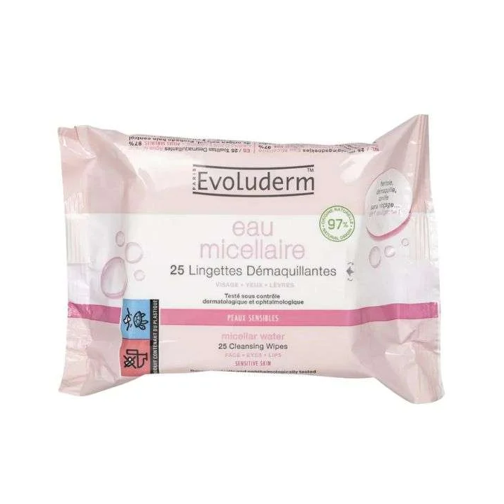 EVOLUDERM Lingettes Démaquillantes Eau Micellaire - Pack de 25 Lingettes
