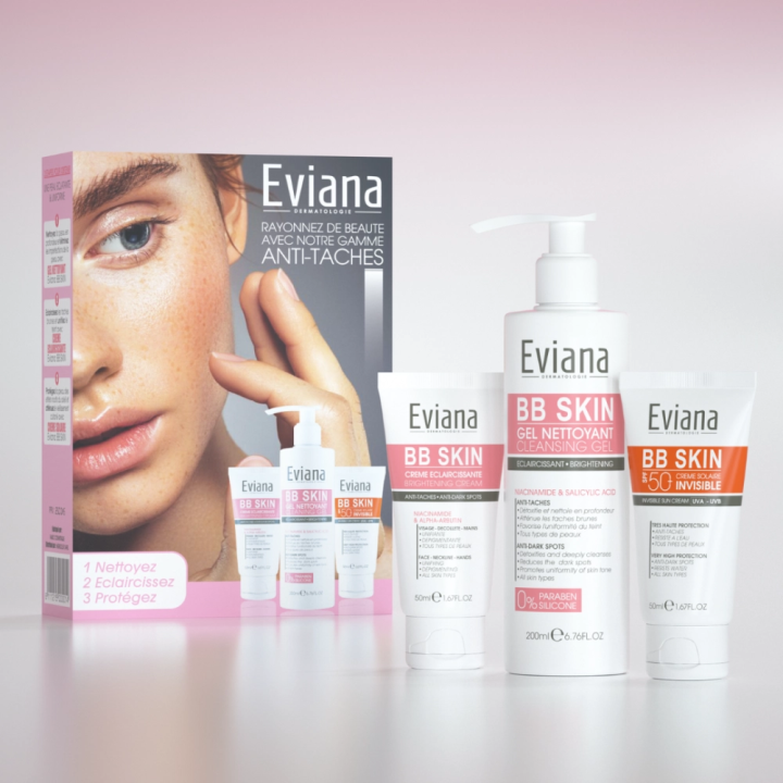 EVIANA Pack Éclaircissant Anti-Taches - Crème + Gel Nettoyant + Écran Invisible