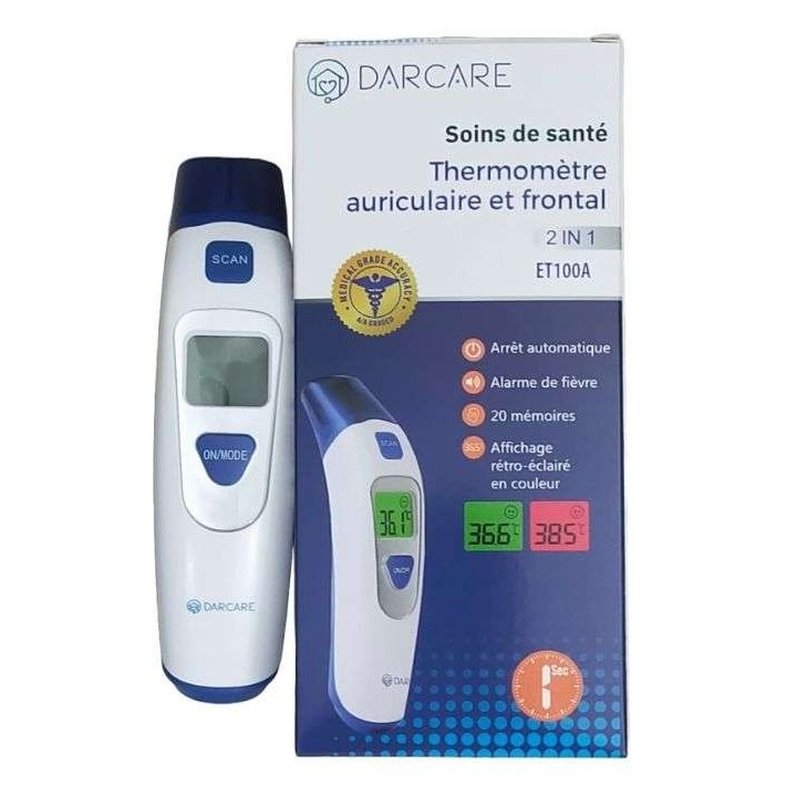 DARCARE Thermomètre Infrarouge Auriculaire et Frontal 2 en 1